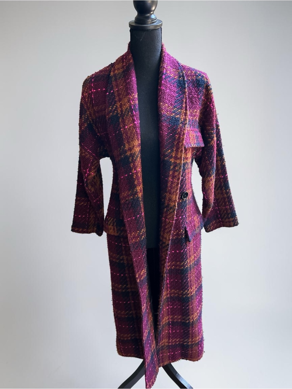 LPA Plum, Charcoal and Rust Plaid Bouclé Long Coat